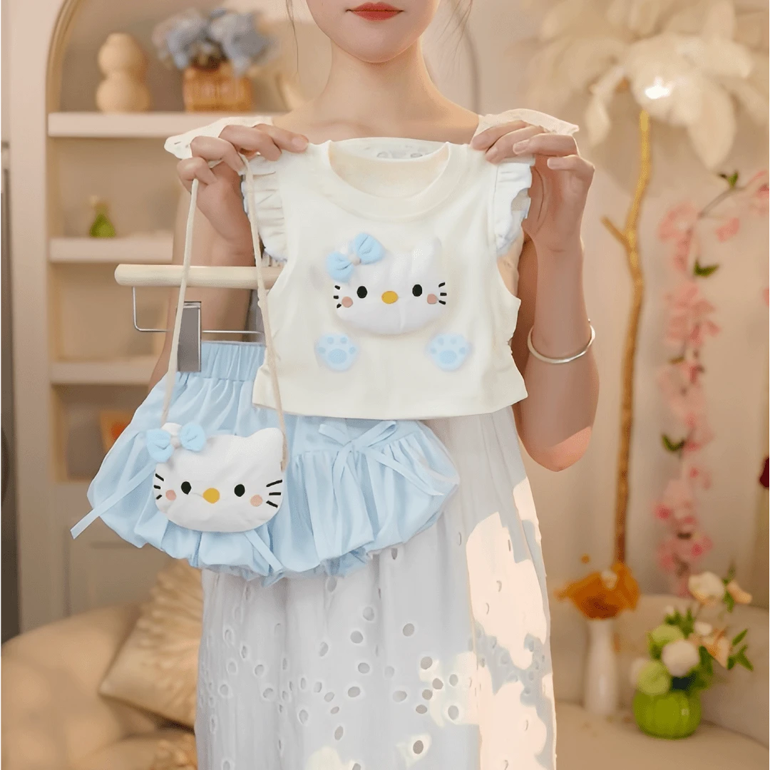 （送包包）女童夏季时髦洋气风套装儿童KT猫咪小飞袖抽绳短袖花苞裤