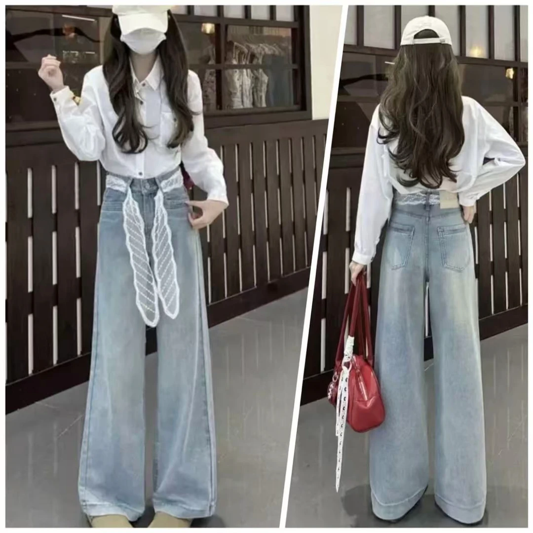 香家5-1春夏冰川蓝窄版阔腿无弹高腰牛仔直筒裤