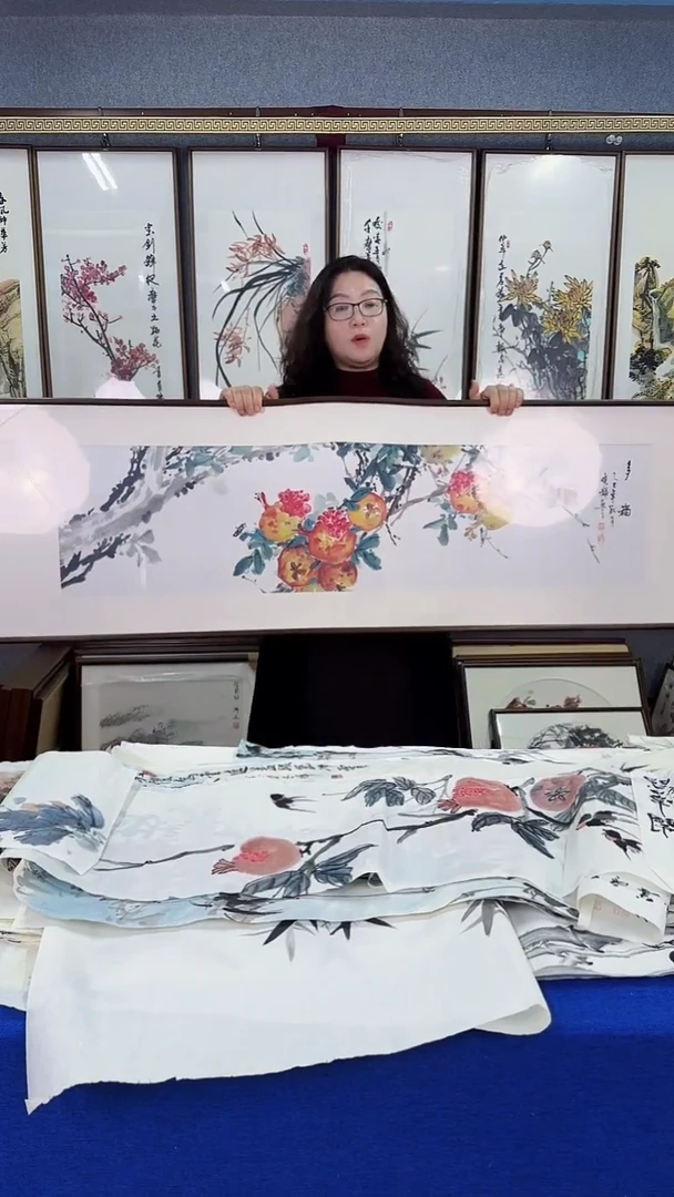 国画（多子多福）图 实木画框 50*170