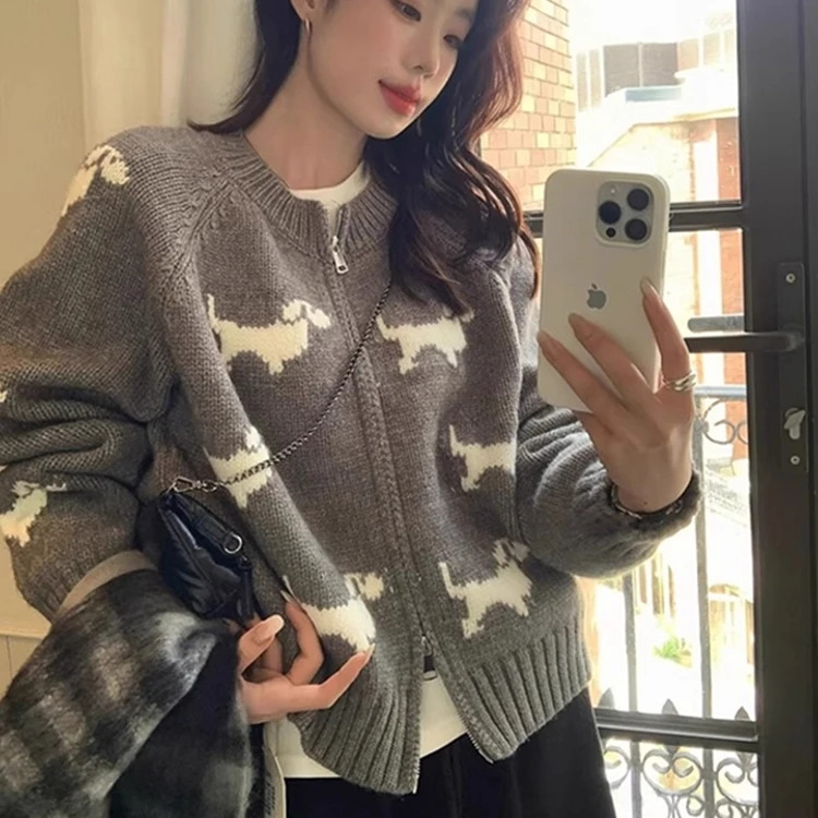 慵懒风学生提花针织毛衣2025秋冬季新款外套女拉链长袖上衣百搭女