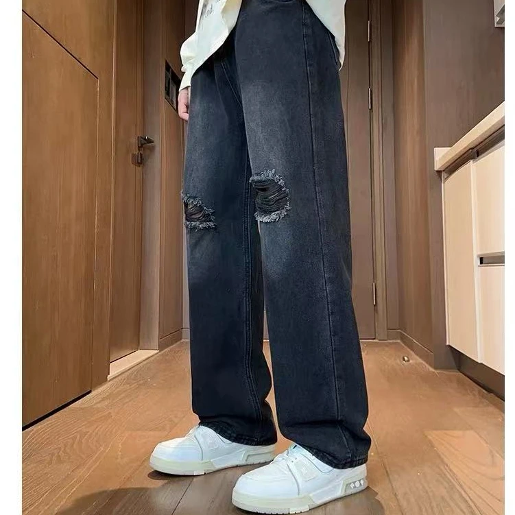 夏季薄款水洗黑灰 水泥黄破洞牛仔裤男款直筒复古高街潮牌