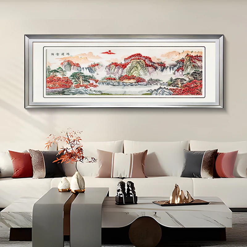鸿运当头手工刺绣沙发背景墙壁画客厅装饰画风水山水画鸿运 80240