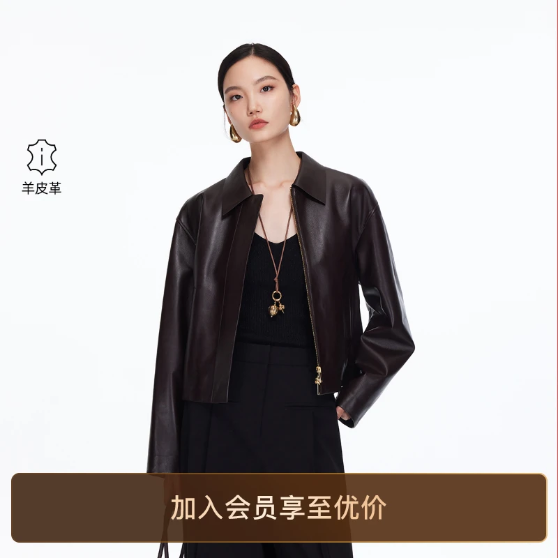 Vero Moda皮衣2025秋季新款翻领羊皮革纯色短外套气质老钱风小众