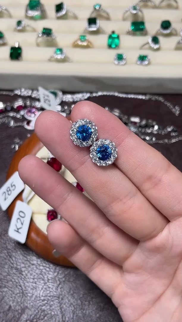 耳饰合金合成钻石蓝宝耳钉