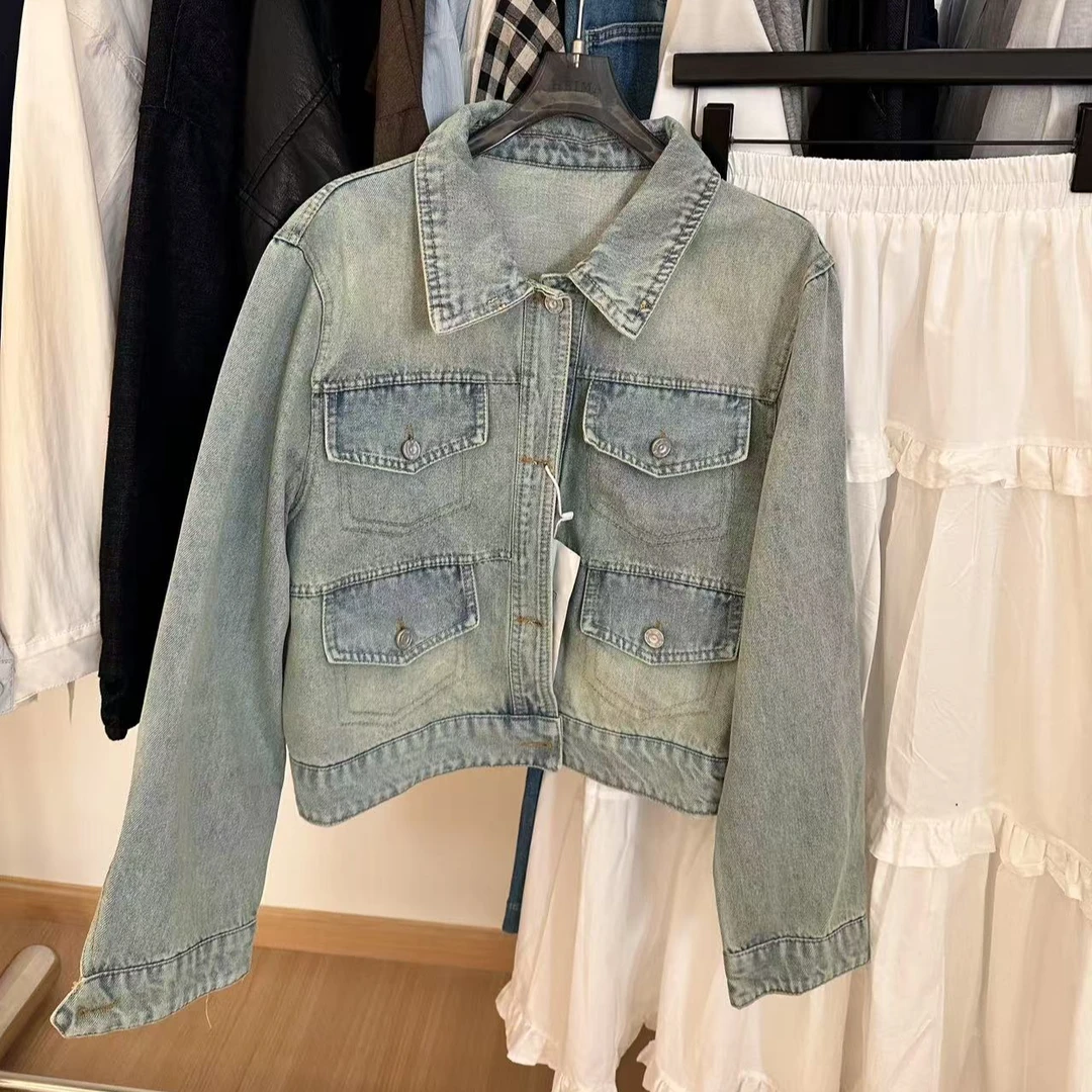 33015•WT# 四口袋牛仔 东大门做旧怀旧色牛仔外套•