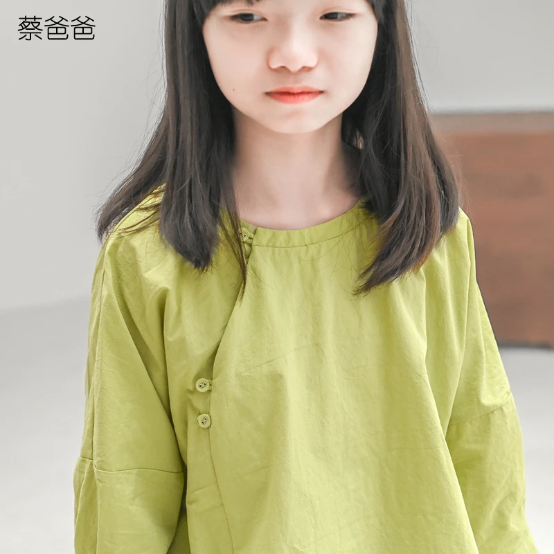 蔡爸爸童装女童中式七分袖衣服时尚秋装全棉绿色上衣少女798+160