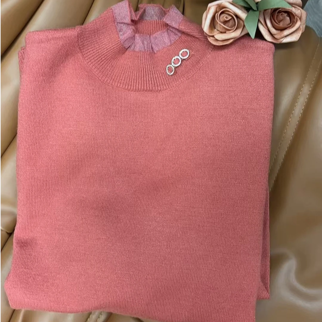 【玉姐家】冬季新款软糯亲肤拼接蕾丝花边毛衣90-140 新选f838