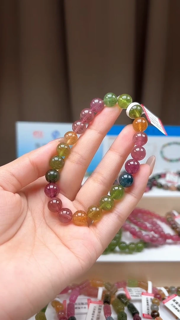 未镶嵌手串碧玺8.8mm明亮艳丽彩虹色玻璃体碧玺单圈手串