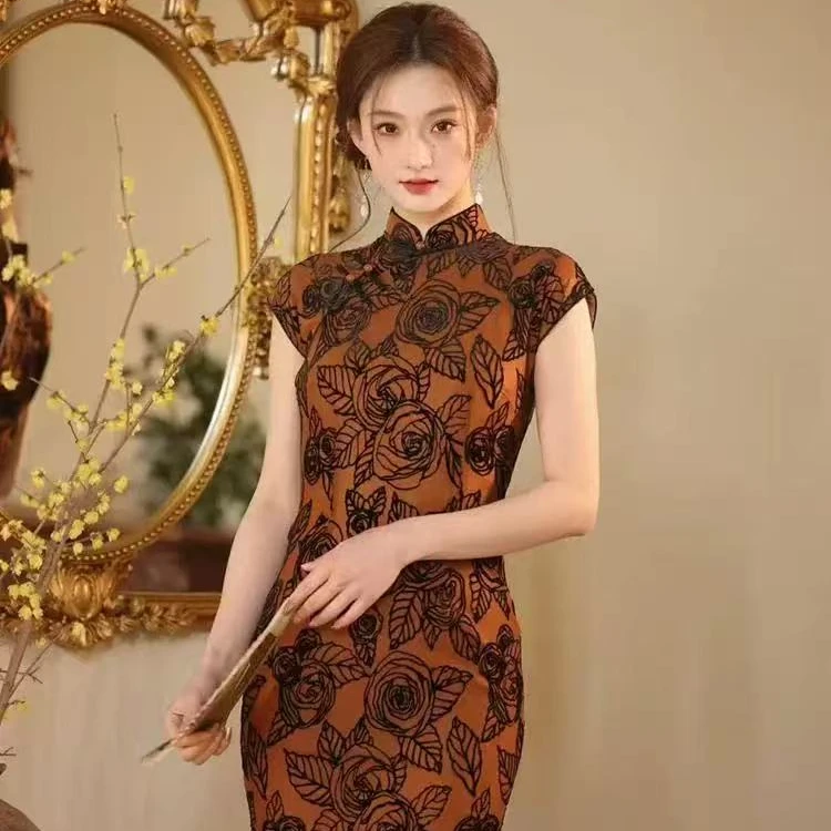 ZD婉清【左】2025植绒时尚新款旗袍裙