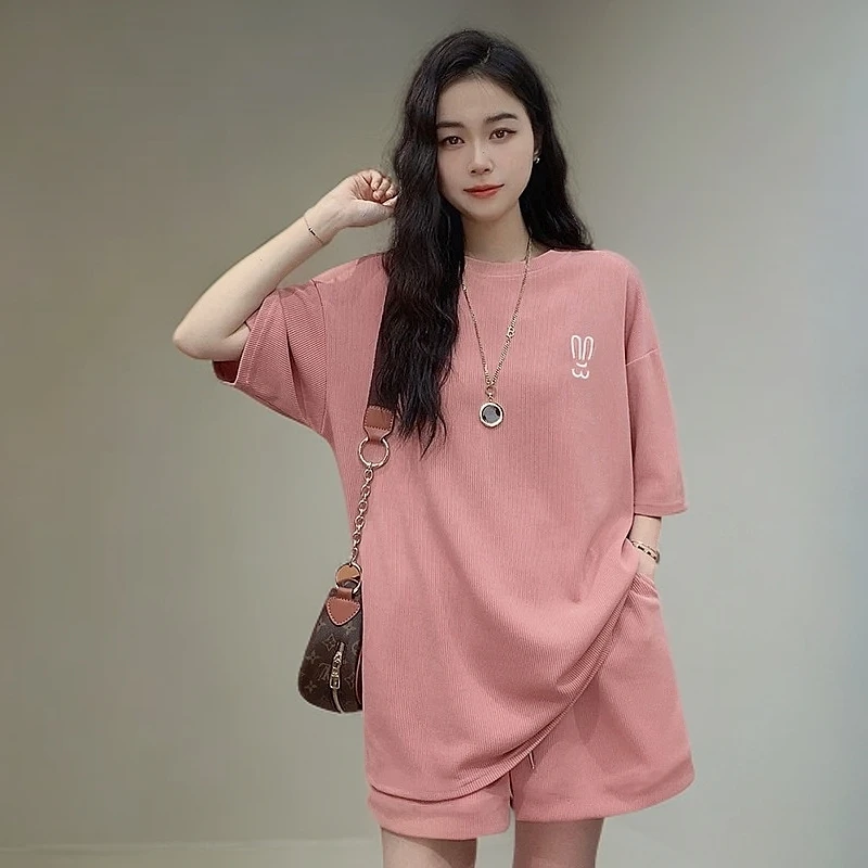 休闲运动大码套装女2025夏季韩版宽松百搭短袖T恤短裤学生两件套