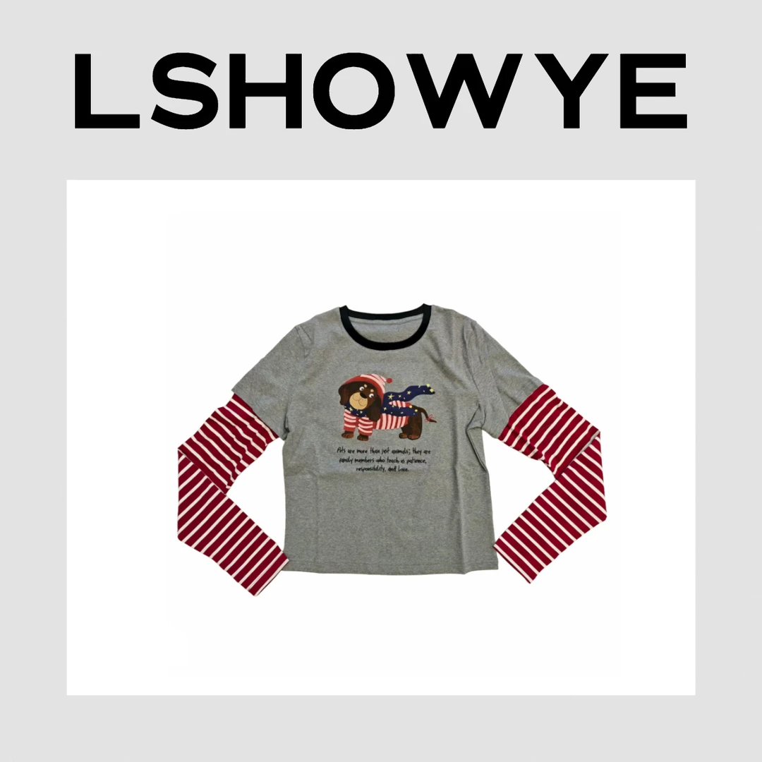 LSHOWYE｜小狗牙刷绣拼色袖T恤z519