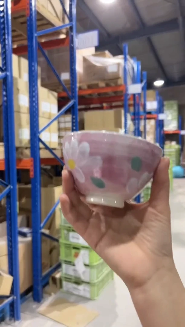 瓷片(A)色彩草花 飯碗ピンク