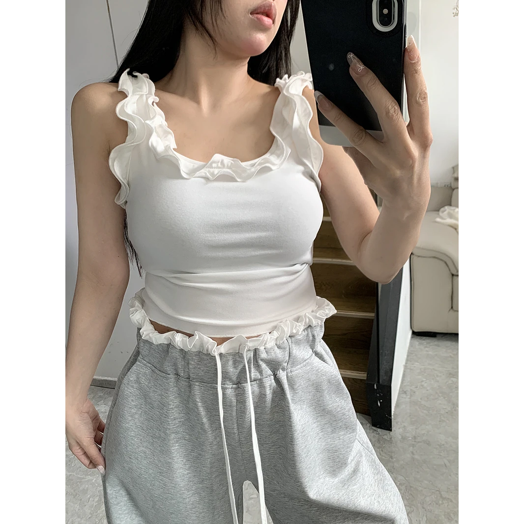 【浪漫几何】木耳花边背心 拼色腰头休闲裤