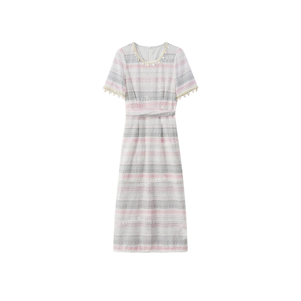 【风间清茶】优雅镂空拼色气质连衣裙1780