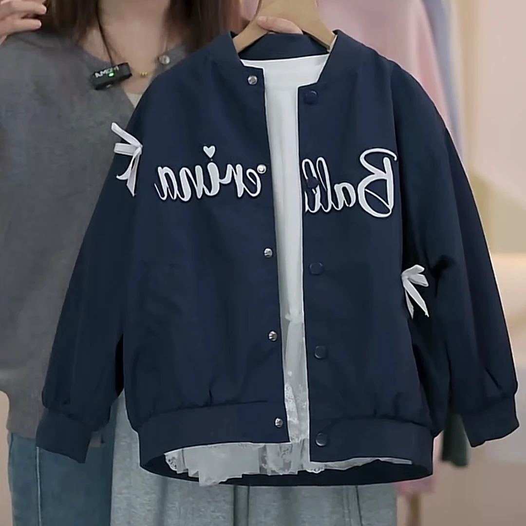 女童蝴蝶结棒球服外套春秋2025新款韩版儿童时髦休闲开衫洋气上衣