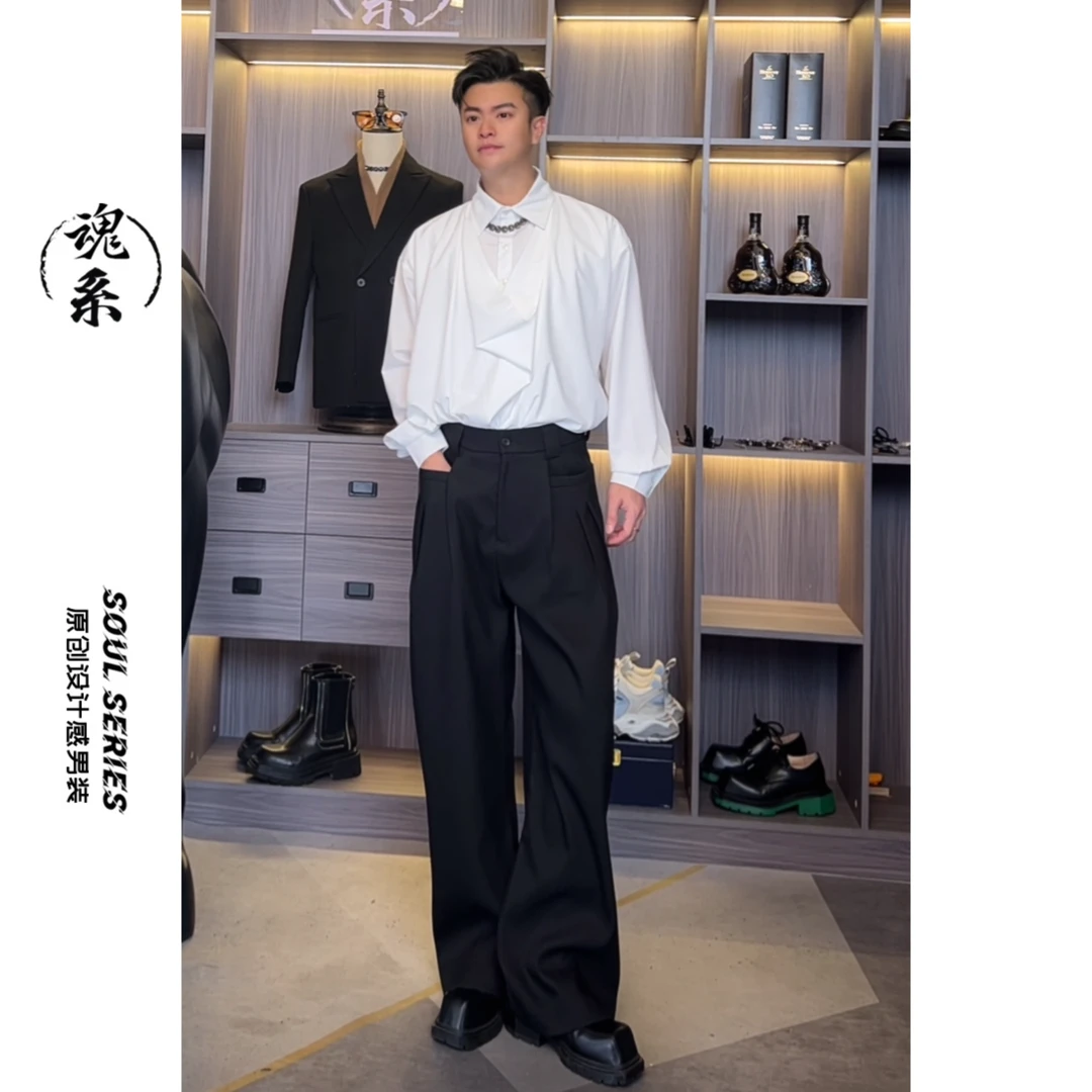 【魂系】2025新款秋季男阔腿弯刀裤时尚潮流-黑色裤子休闲裤BA657