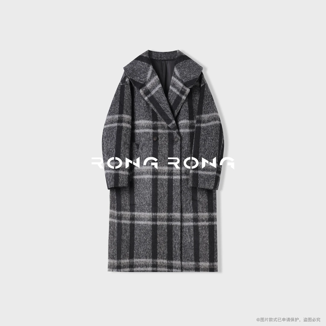 溶溶S【格调交织】RONGRONG 绵羊毛羊驼毛翻领英伦风毛呢大衣25D719