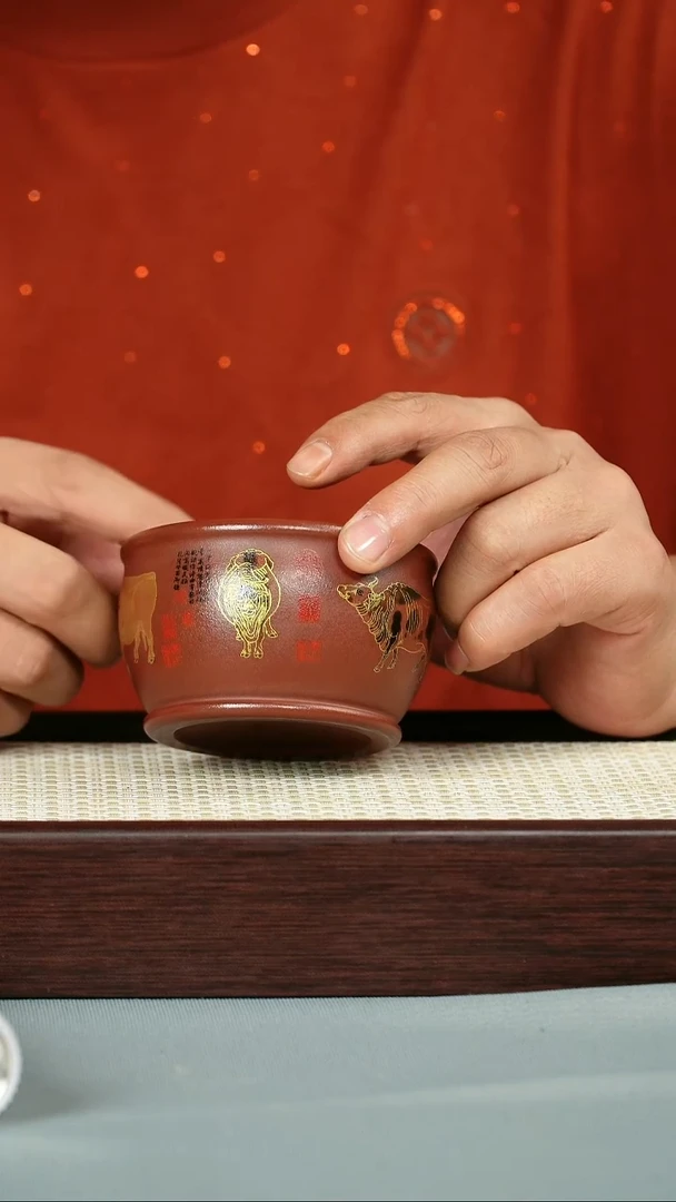 茶杯紫砂 石红泥料 五牛杯