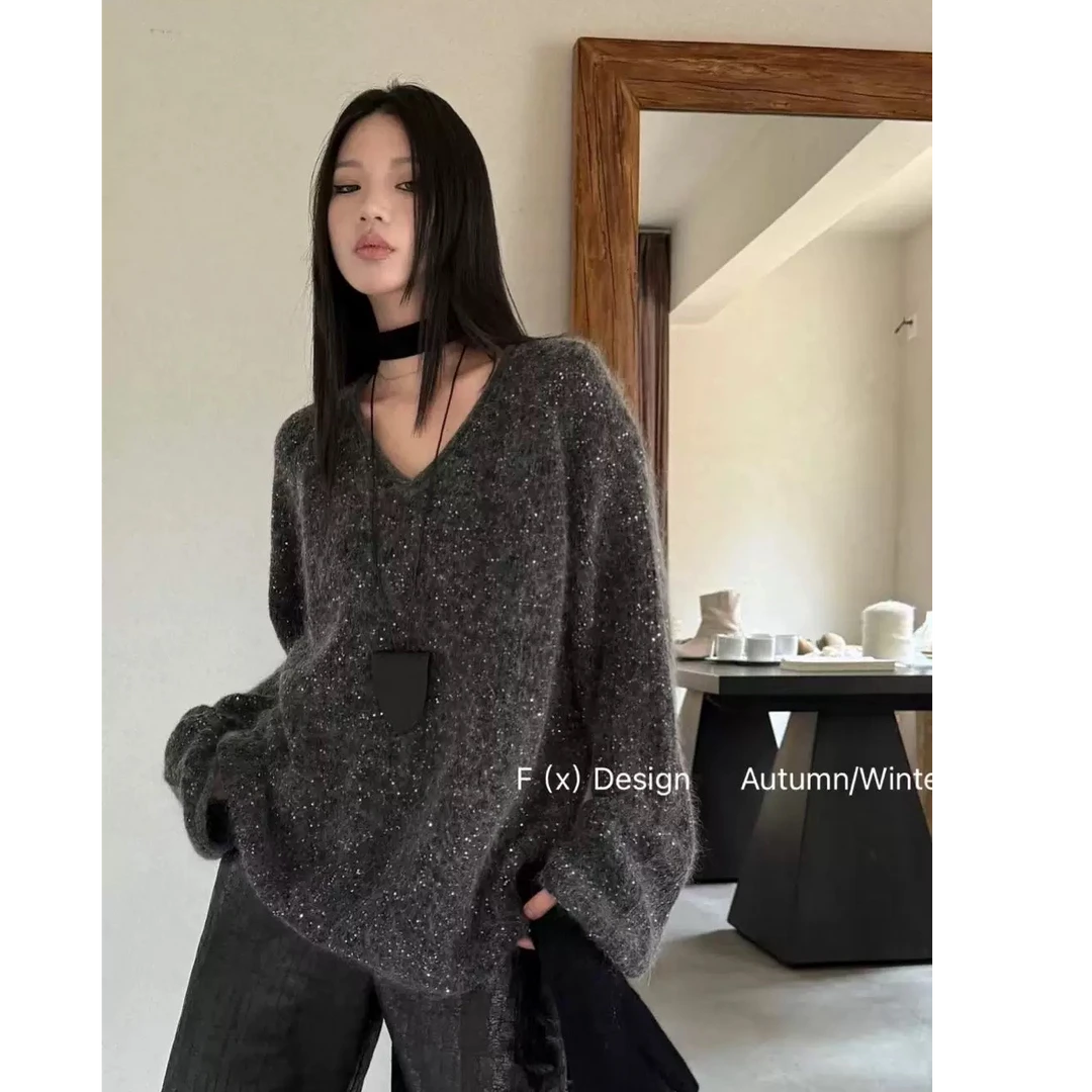 【蜜爷家】亮片大V领宽松毛衣7085#打底毛衣