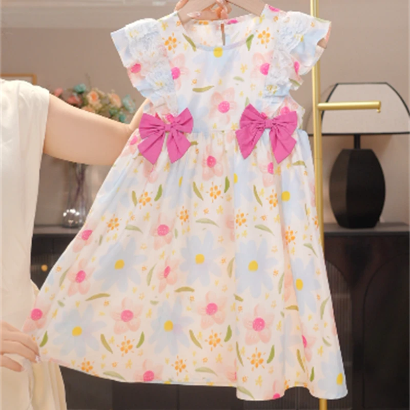 MOMOCO夏季2025新款甜美蝴蝶结蕾丝小飞袖碎花连衣裙77630470376