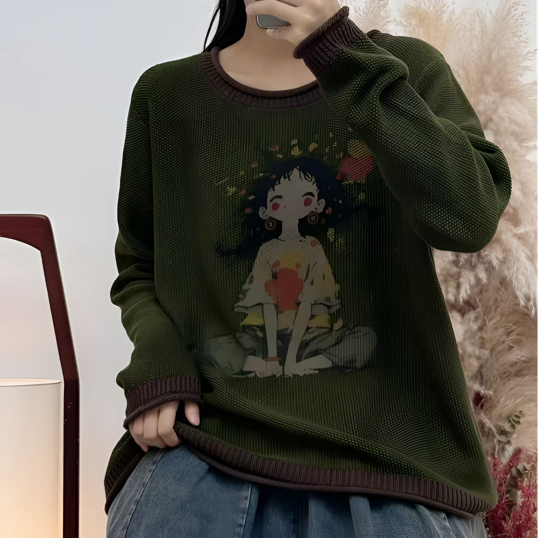 【悦兮】冬季新款加厚圆领拼色棉线针织文艺显瘦保暖百搭女上衣9839