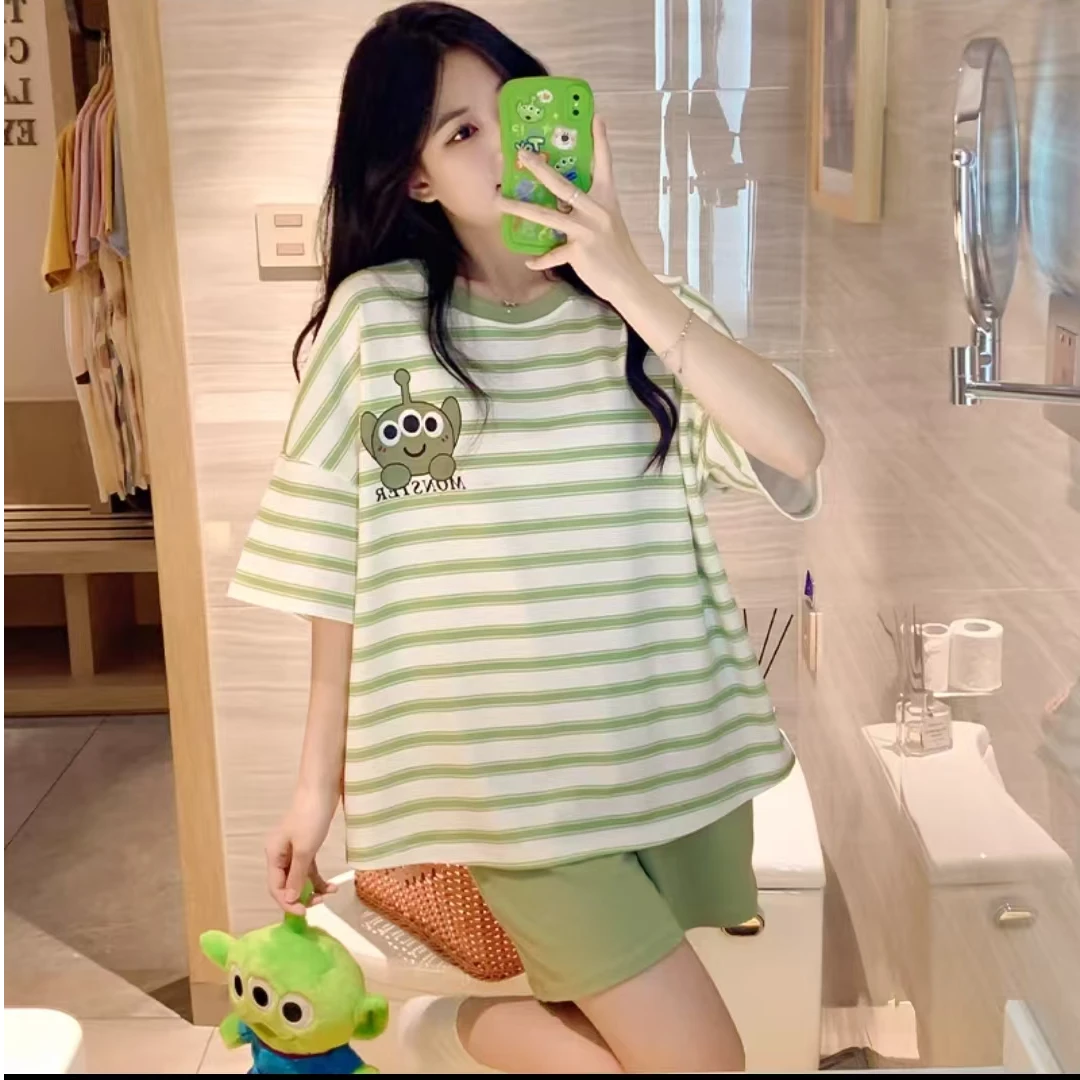 8514-女士（内胸垫）三眼仔（白绿条纹）双短套装