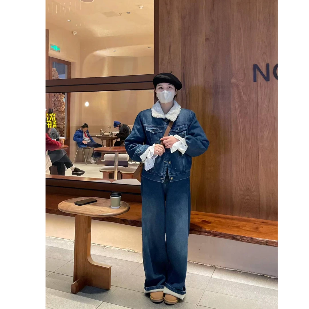 CHUMU/储慕【毛毛领牛仔套装】毛毛翻领羽绒牛仔外套+阔腿裤两件套