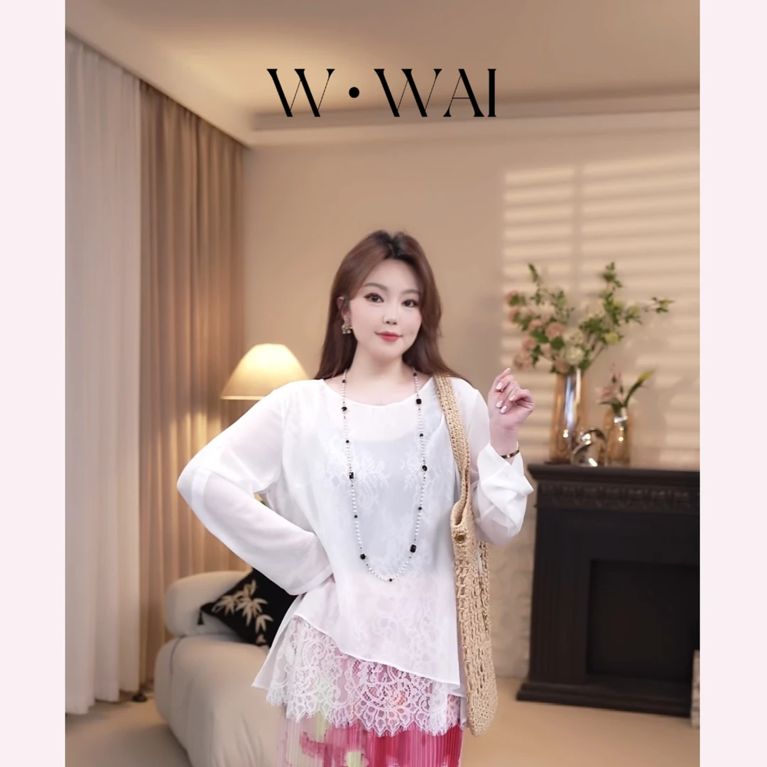 【柔纱】显瘦时尚乔其纱拼接蕾丝假两件长袖罩衫 X52S498