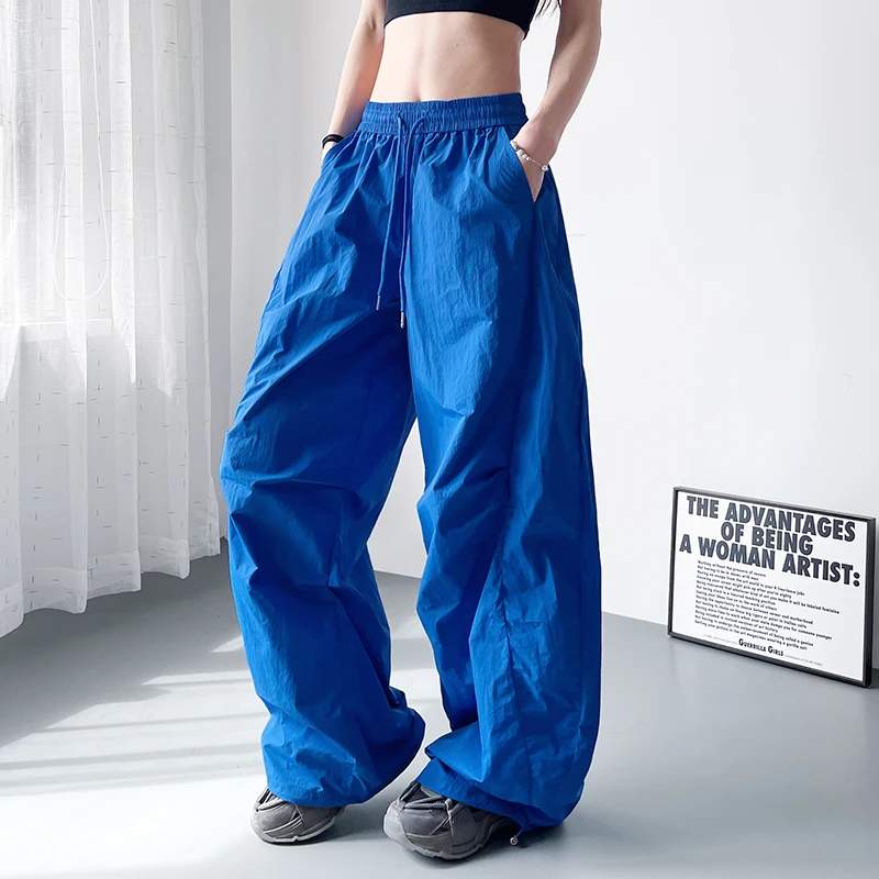 蓝色冰丝阔腿裤女大码胖mm宽松显瘦多巴胺运动跳舞轻薄速干工装裤