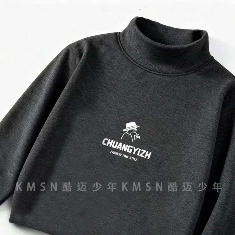 加绒加厚冬款青少年男童奶茶小人柔软打底衫半高领宽松圆领