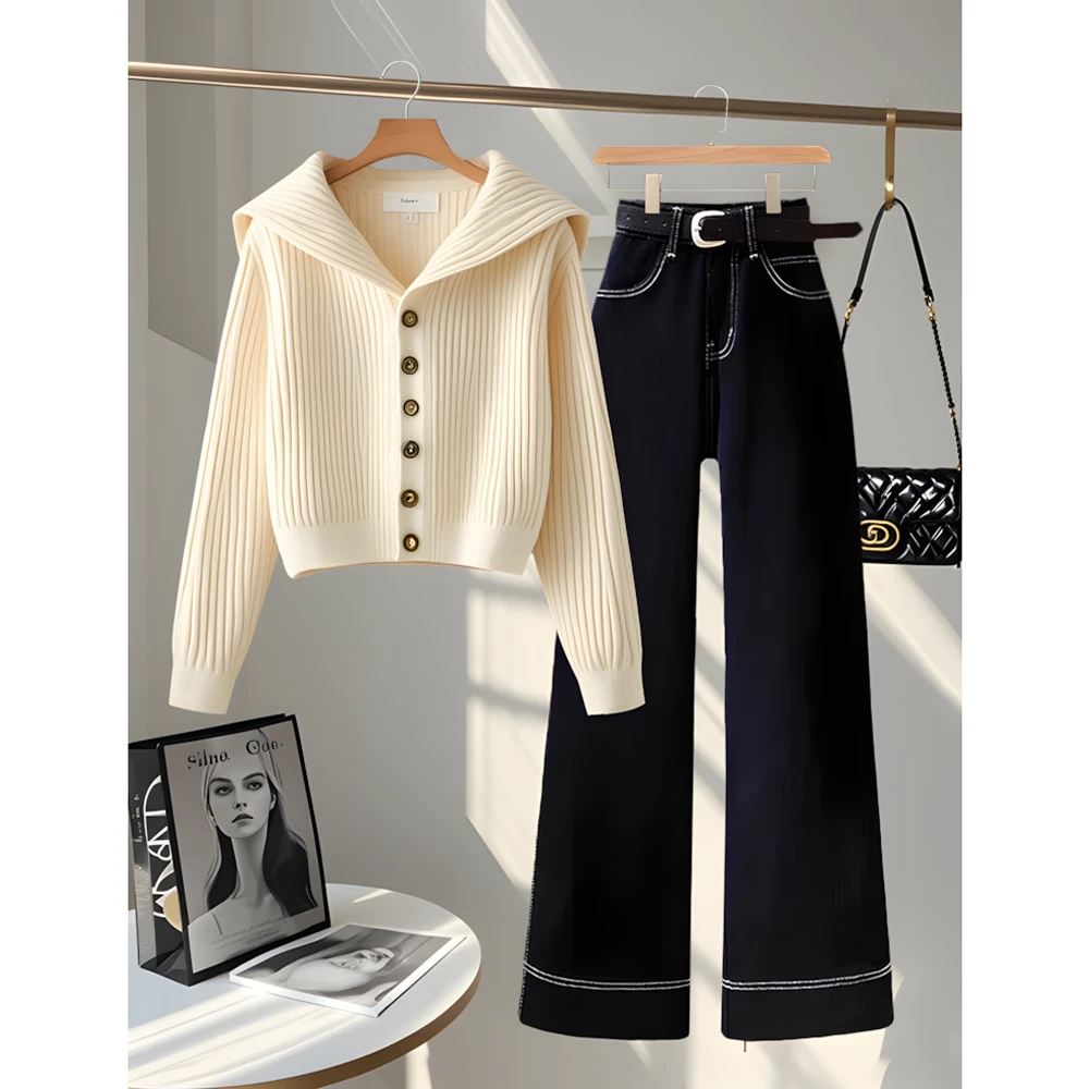 大码春季韩系套装女小香风气质针织衫搭高腰显瘦复古牛仔裤两件套