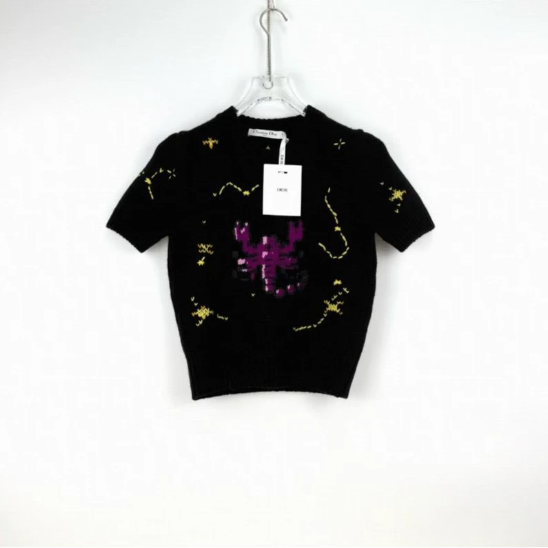 全新未使用 DIOR/迪奥 刺绣logo天蝎座羊毛山羊绒短袖毛衣/38