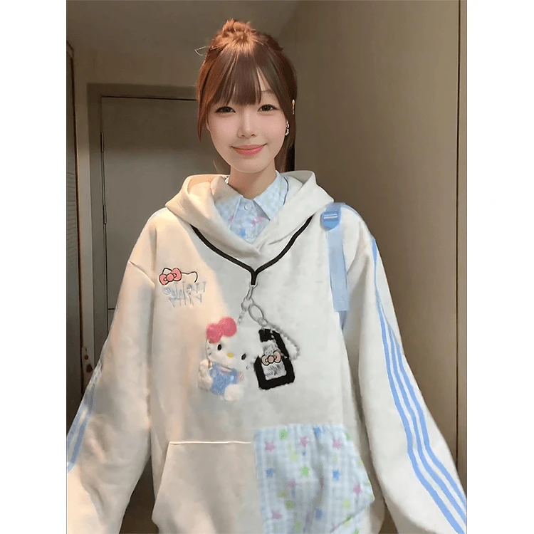 kitty猫刺绣假两件连帽卫衣女秋冬宽松慵懒风设计感小众外套#WY30