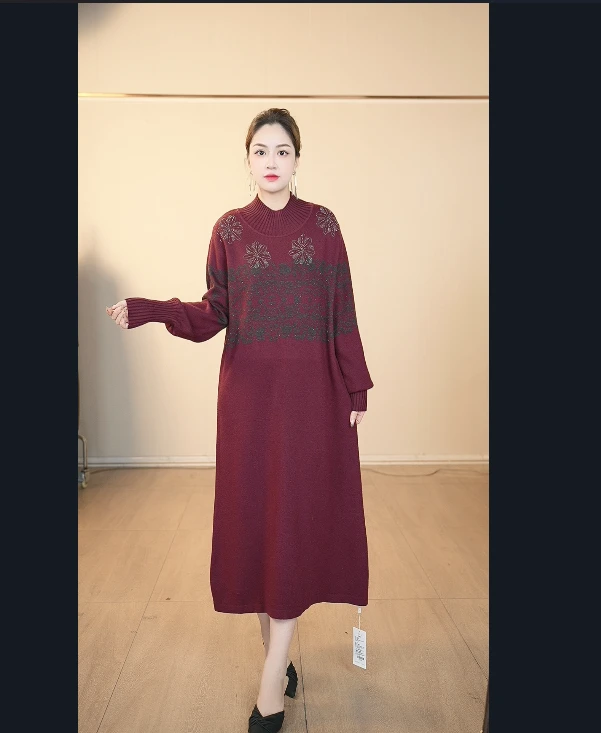 【嘉施兰格】1823雪花连衣裙2025爆款潮流带珠中长款裙子冬季