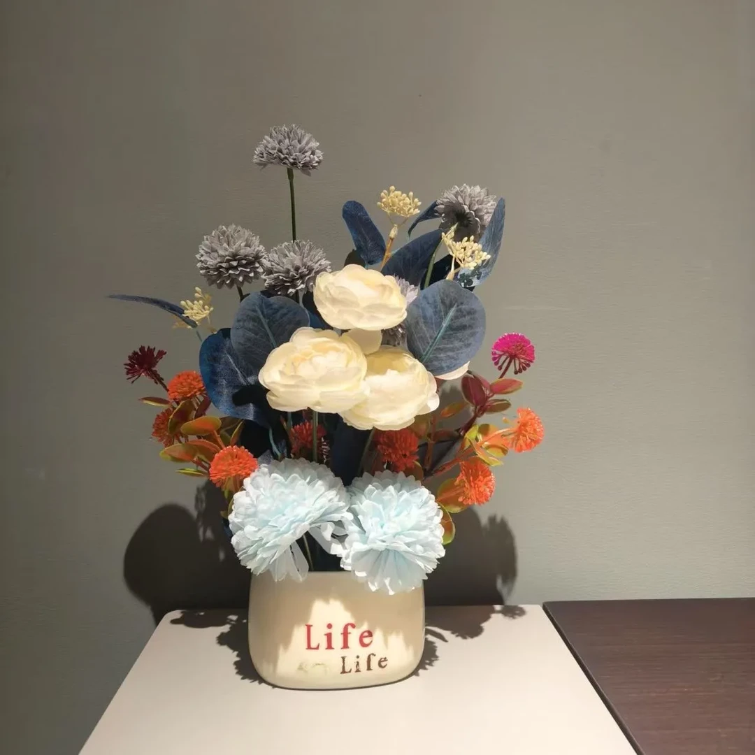 现代高级客厅房间卧室酒柜办公室装饰塑料花盆餐桌仿真花摆件展会