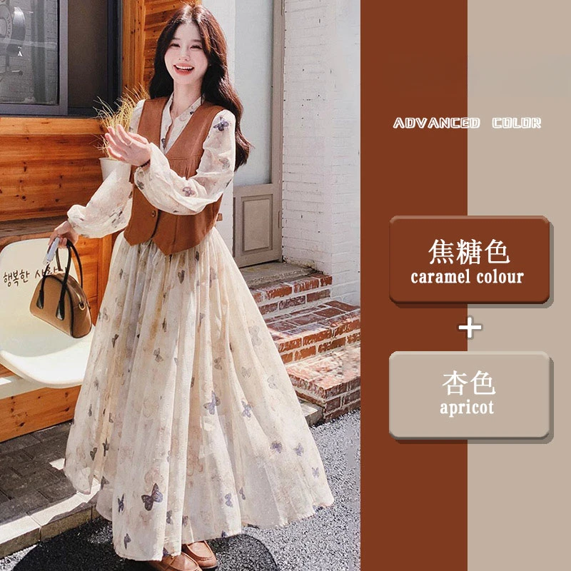 法式温柔蝴蝶印花碎花长袖连衣裙女春季新款流苏马甲显瘦长裙套装