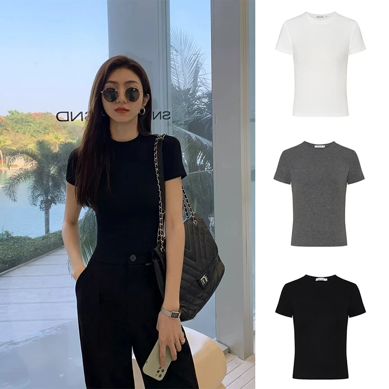 夏季新款打底辣妹百搭圆领短袖t恤女2025年新款修身显瘦短款上衣.