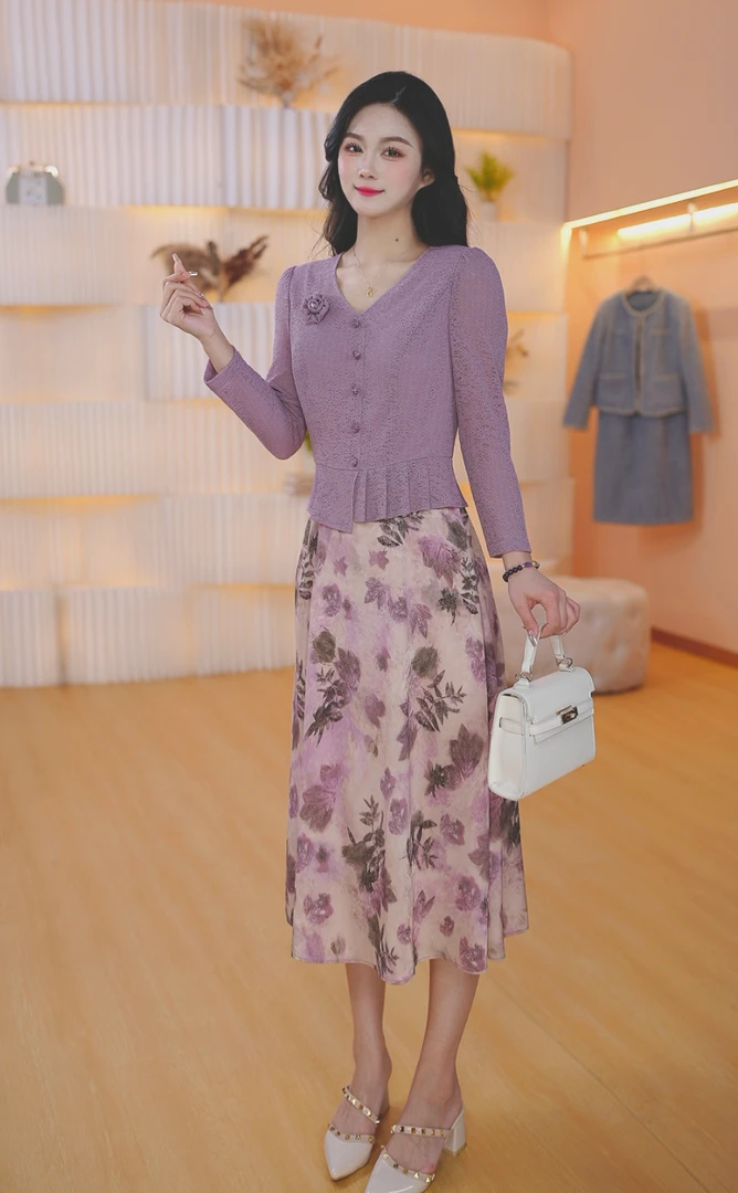 2025春夏季新款时尚优雅气质修身显瘦拼接假两件七分袖连衣裙女