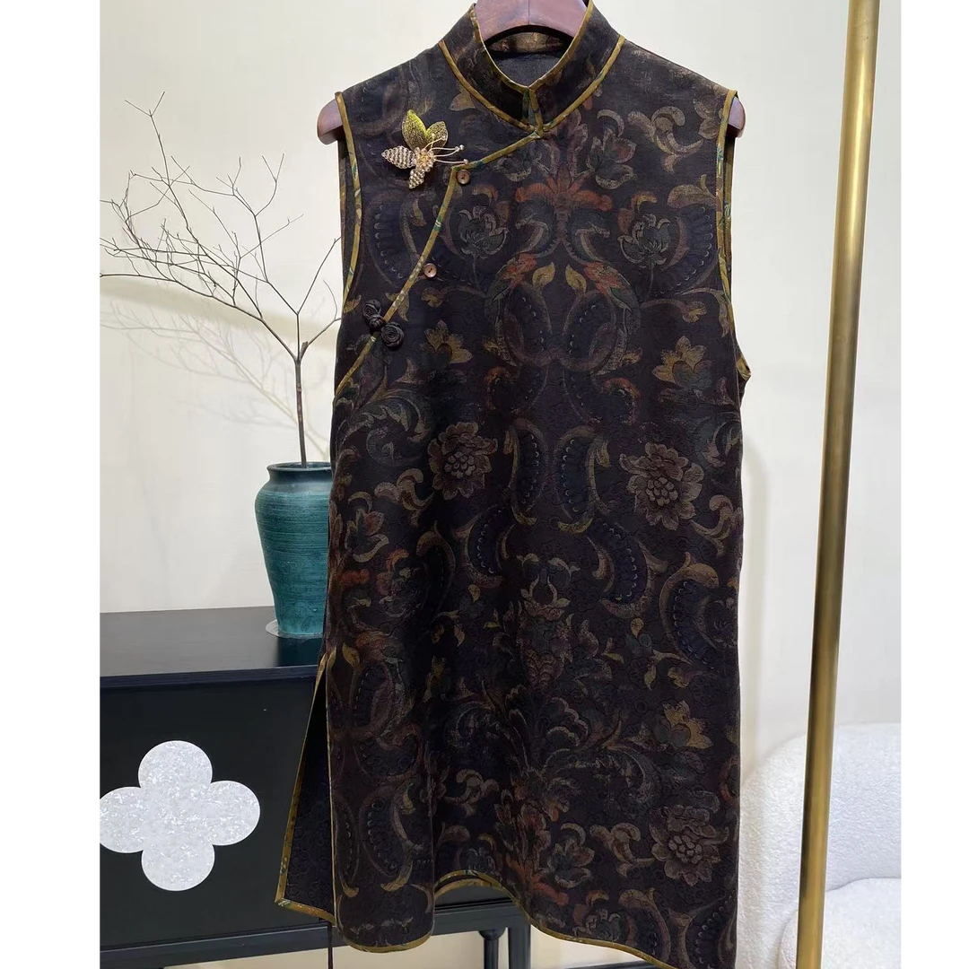 小众设计师原创款新中式香云纱斜襟无袖上衣国风薄款背心夏季