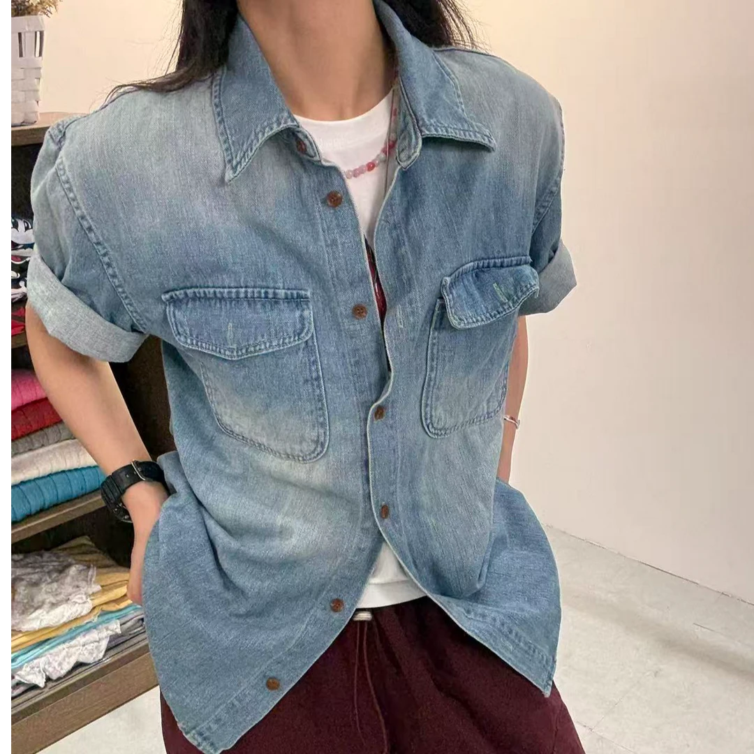 韩版新款牛仔衬衫短袖潮流复古工装时尚百搭