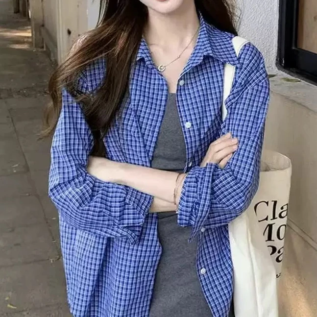 韩系chic蓝色格纹polo领衬衫外套女春秋宽松长袖衬衣休闲百搭上衣