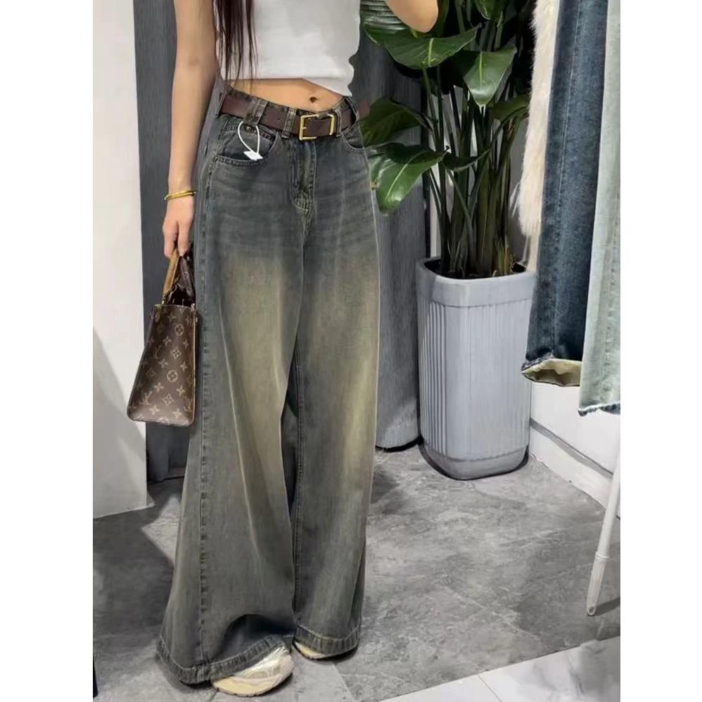 【免费试穿】美式复古蓝加长牛仔裤女高腰辣妹宽松垂感显瘦拖地长裤