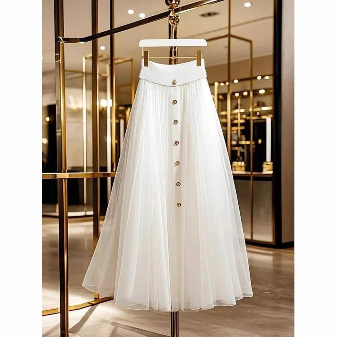 2025春季新款显瘦独特漂亮伞裙高端精致夏季白色a字网纱半身裙女