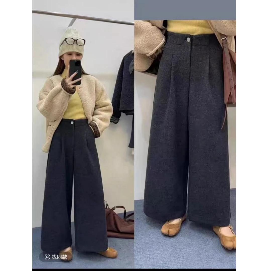 毛呢裤子秋冬新款显瘦加厚洋气阔腿裤休闲百搭时尚