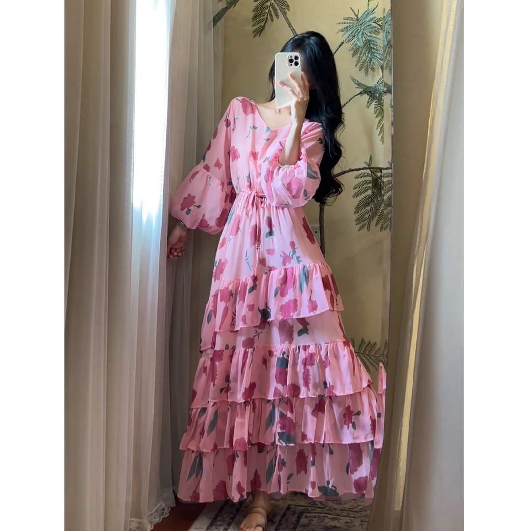 【ROUROU】日落玫瑰｜玫瑰印花气质法式浪漫收腰蛋糕百褶连衣裙