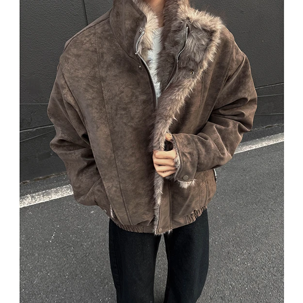 美式复古皮毛一体座山雕毛领棉服男款冬季解构拼接高级感保暖棉袄