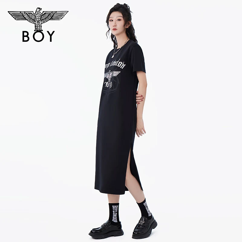 BOYLONDON24新品夏季女士黑色连衣裙logo印花休闲时尚长裙 W17095
