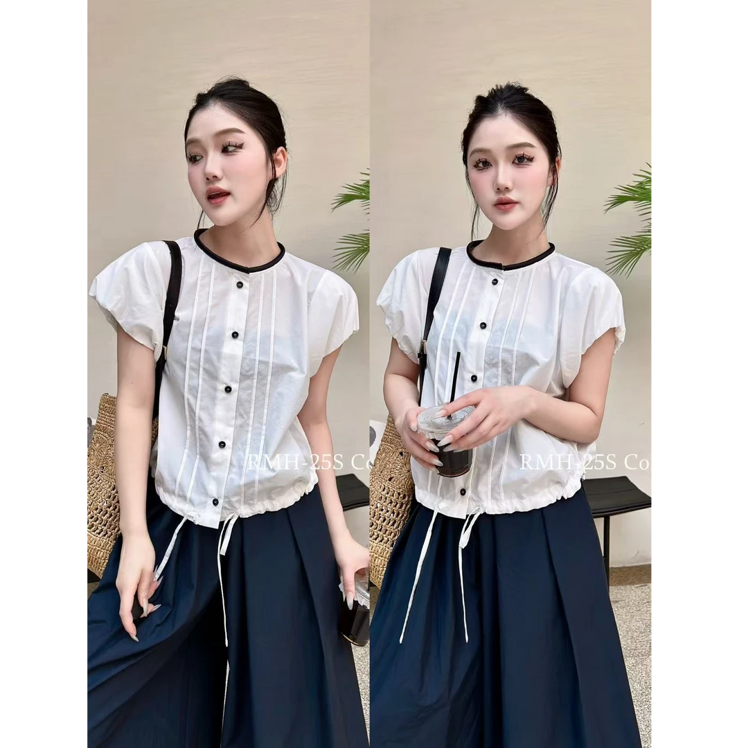 【YIBUDAOWEI】夏季下摆抽绳花苞袖单排扣小个子衬衫 1395