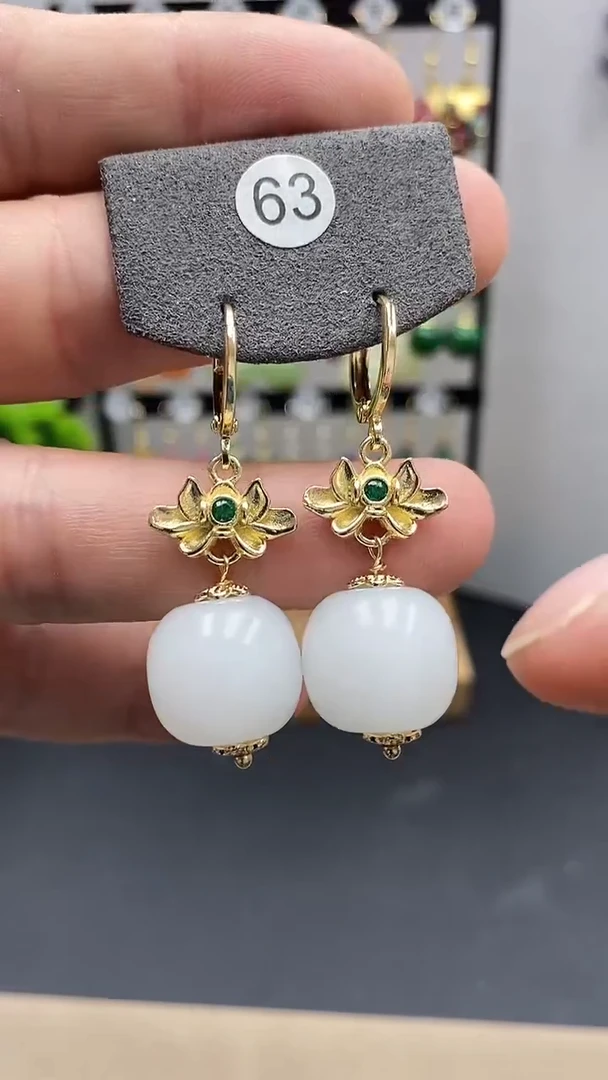 【闪购商品】和田玉耳饰银S925镀金镶嵌桶珠尺寸16mmZ01