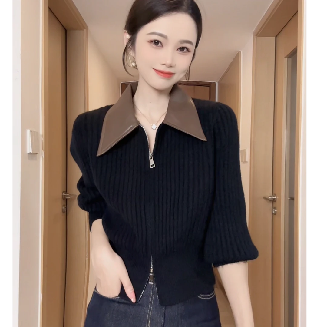 【秋季新品】休闲风长袖网红百搭开衫时尚套装早秋韩版秋季气质翻领